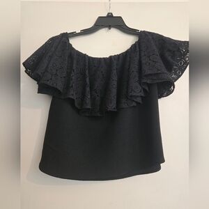 RACHEL Rachel Roy Black Off-Shoulder Lace Ruffle Crop Top